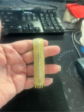 Elegant Two-Tone Gold Mesh Cuff Bracelet. 2